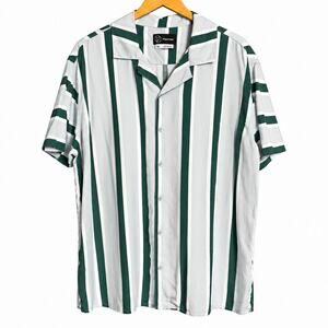 Original Use Men’s Striped Camp Collar Shirt XL Green Gray White Rayon